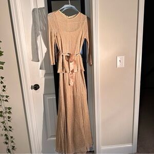 LF Shimmery Gold Long Sleeve Peplum Maxi Dress with Sash